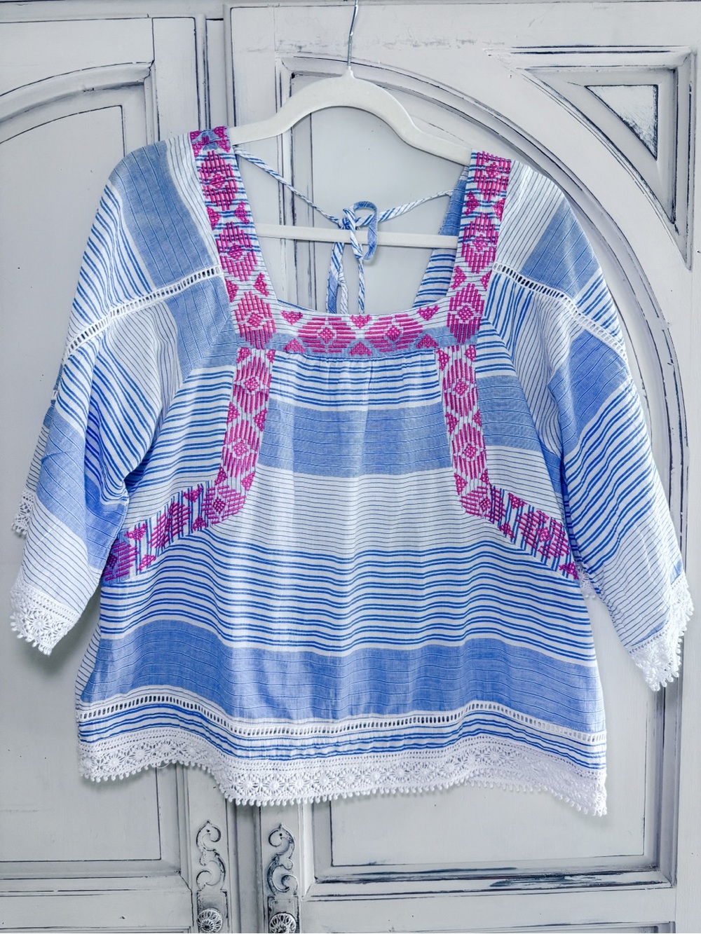 Democracy Embroidered Striped Boho Crochet Top M